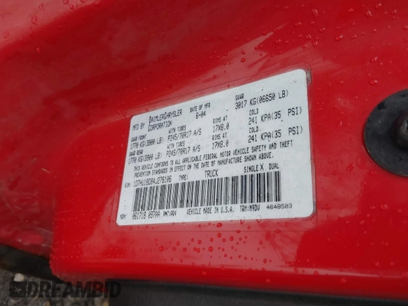 2004 Dodge 1500 SLT with VIN 1D7HU18D84J278106, listed as a IAAI auction lot 41529769 with Not Provided miles and . Bid and sale history available at DreamBid. Image 9.