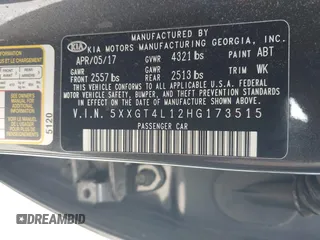 2017 Kia Optima LX 1.6T with VIN 5XXGT4L12HG173515, listed as a IAAI auction lot 42040458 with 103,595 mi miles. Bid and sale history available at carsss.com. Image 9.