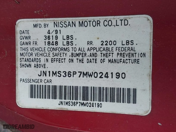 1991 Nissan 240SX SE Ltd Edition with VIN JN1MS36P7MW024190, listed as a IAAI auction lot 41892861 with 147158 miles. Bid and sale history available at carsss.com. Image 9.