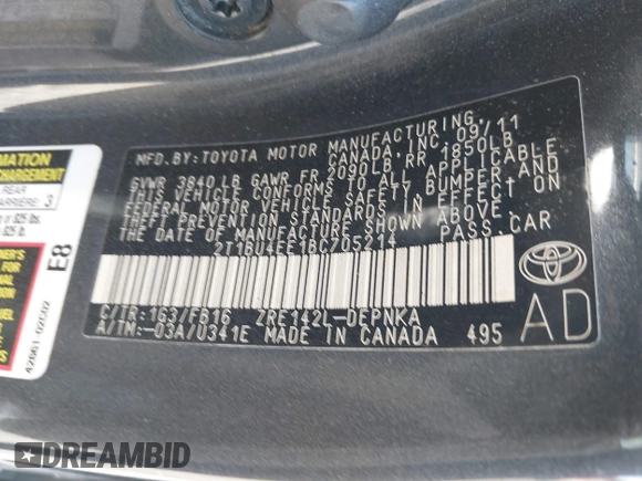 2011 Toyota Corolla L with VIN 2T1BU4EE1BC705214, listed as a IAAI auction lot 41747640 with 1 mi miles. Bid and sale history available at carsss.com. Image 9.