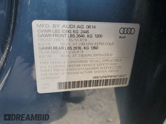 2015 Audi Q5 Premium Plus with VIN WA1LFAFP9FA014627, listed as a Copart auction lot 62729125 with 115,606 mi miles and Clean title. Bid and sale history available at DreamBid. Image 13.