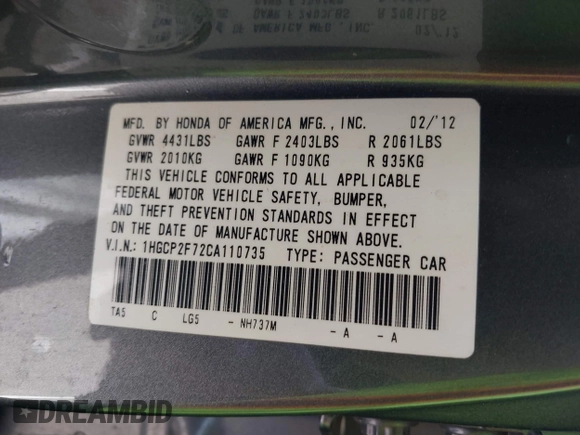 2012 Honda Accord EX with VIN 1HGCP2F72CA110735, listed as a IAAI auction lot 42649996 with 172,549 mi miles and . Bid and sale history available at DreamBid. Image 9.