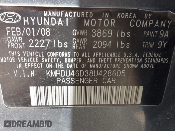 2008 Hyundai Elantra GLS z VIN KMHDU46D38U428605, wystawiony jako IAAI lot #42475285 z przebiegiem 192 634 mil mil oraz . Historia ofert i sprzedaży dostępna na DreamBid. Obrazek 9.