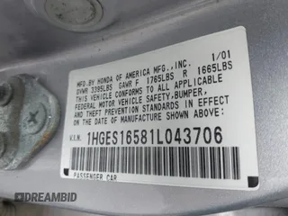 2001 Honda Civic LX with VIN 1HGES16581L043706, listed as a IAAI auction lot 42045657 with 149,285 mi miles. Bid and sale history available at carsss.com. Image 9.