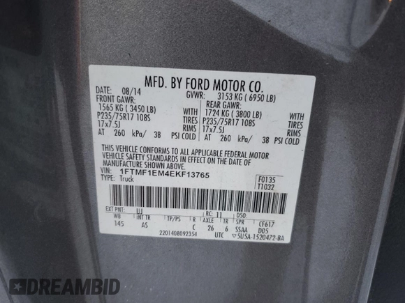 2014 Ford F-150 XL with VIN 1FTMF1EM4EKF13765, listed as a Copart auction lot 89411855 with 119,414 mi miles and Clean Title. Bid and sale history available at carsss.com. Image 12.