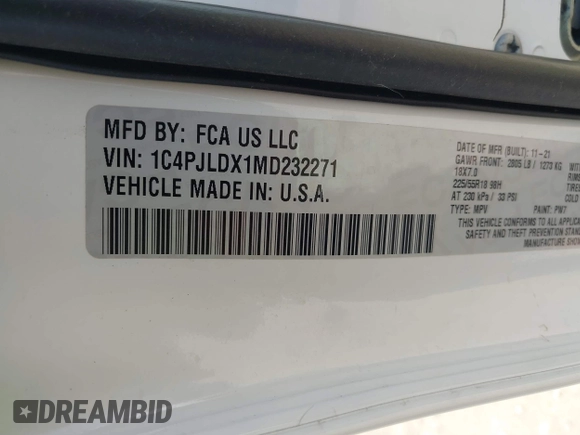 2021 Jeep Cherokee Limited with VIN 1C4PJLDX1MD232271, listed as a IAAI auction lot 42506739 with 45,993 mi miles and . Bid and sale history available at DreamBid. Image 9.
