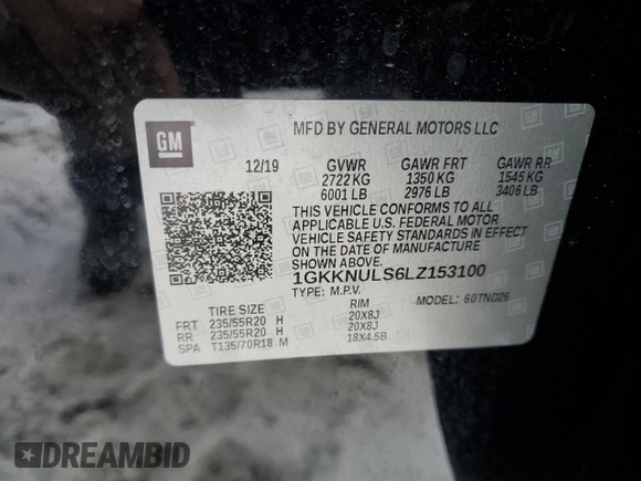 2020 GMC Acadia SLT with VIN 1GKKNULS6LZ153100, listed as a Copart auction lot 86060534 with 46,306 mi miles and Salvage Title. Bid and sale history available at DreamBid. Image 13.