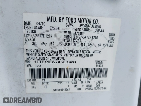 2010 Ford F-150 XL with VIN 1FTEX1EW7AKE03483, listed as a IAAI auction lot 41661717 with 204,739 mi miles. Bid and sale history available at carsss.com. Image 9.