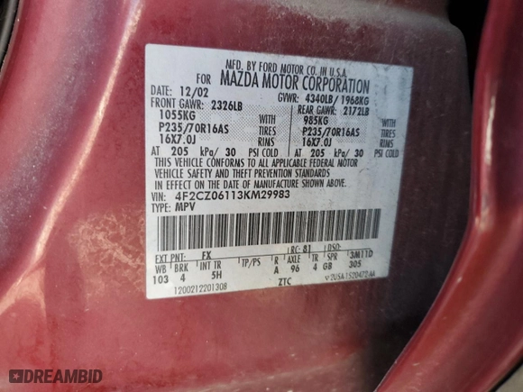2003 Mazda Tribute ES with VIN 4F2CZ06113KM29983, listed as a Copart auction lot 44841925 with 124,216 mi miles and Clean Title. Bid and sale history available at carsss.com. Image 13.