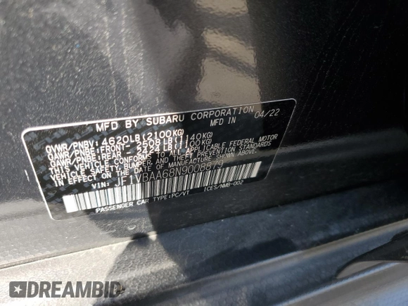 2022 Subaru WRX with VIN JF1VBAA68N9008879, listed as a Copart auction lot 50083555 with 59,632 mi miles and Salvage title. Bid and sale history available at DreamBid. Image 14.