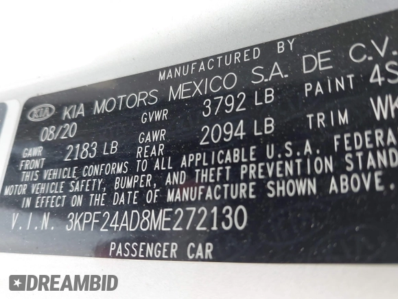 2021 Kia Forte LXS with VIN 3KPF24AD8ME272130, listed as a IAAI auction lot 42349710 with 88,080 mi miles and . Bid and sale history available at DreamBid. Image 9.