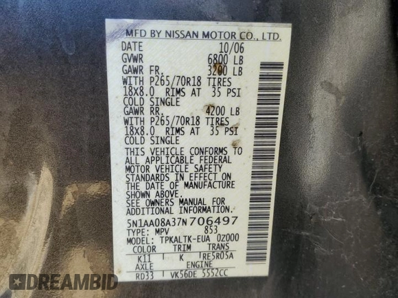 2007 Nissan Armada SE z VIN 5N1AA08A37N706497, wystawiony jako Copart lot #87753155 z przebiegiem 109 463 mil mil oraz Szkoda całkowita • Salvage title. Historia ofert i sprzedaży dostępna na DreamBid. Obrazek 13.