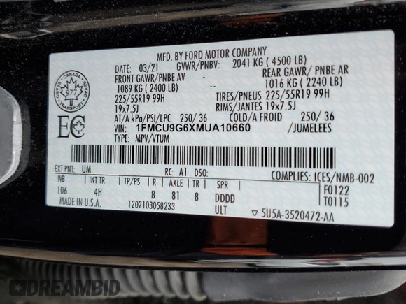 2021 Ford Escape SE с VIN 1FMCU9G6XMUA10660, выставлен на аукционе Copart как лот 58656115 с пробегом 67 723 миль миль и Списание • Salvage title. История ставок и продаж доступна на DreamBid. Изображение 14.