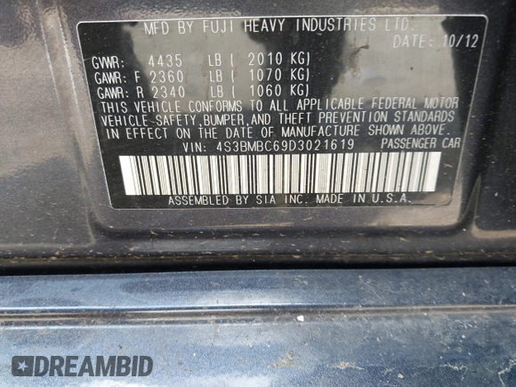 2013 Subaru Legacy Premium with VIN 4S3BMBC69D3021619, listed as a IAAI auction lot 42650792 with 149,330 mi miles and . Bid and sale history available at DreamBid. Image 9.