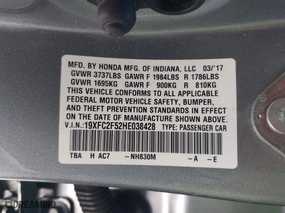 2017 Honda Civic Sedan LX with VIN 19XFC2F52HE038428, listed as a IAAI auction lot 41781577 with 72,730 mi miles. Bid and sale history available at carsss.com. Image 9.