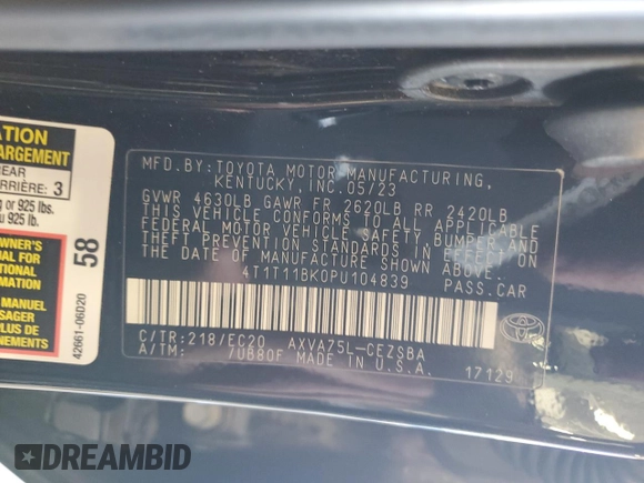 2023 Toyota Camry SE z VIN 4T1T11BK0PU104839, wystawiony jako Copart lot #57154545 z przebiegiem 30 982 mil mil oraz Szkoda całkowita • Salvage title. Historia ofert i sprzedaży dostępna na DreamBid. Obrazek 12.