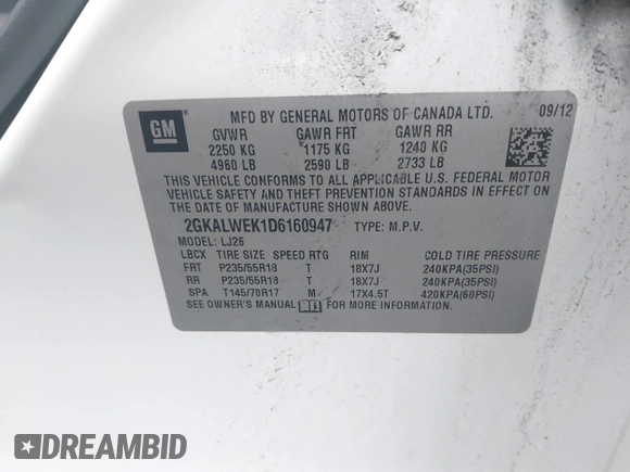 2013 GMC Terrain SLT with VIN 2GKALWEK1D6160947, listed as a IAAI auction lot 42190702 with Not provided miles and . Bid and sale history available at DreamBid. Image 9.