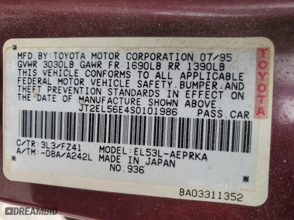 1995 Toyota Tercel DX with VIN JT2EL56E4S0101986, listed as a Copart auction lot 76588734 with 204,800 mi miles and Clean Title. Bid and sale history available at carsss.com. Image 12.