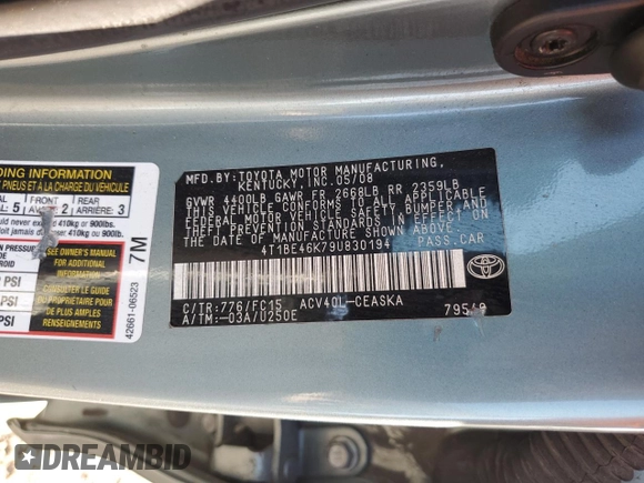 2009 Toyota Camry with VIN 4T1BE46K79U830194, listed as a Copart auction lot 46558695 with 160,862 mi miles and Salvage Title. Bid and sale history available at DreamBid. Image 14.