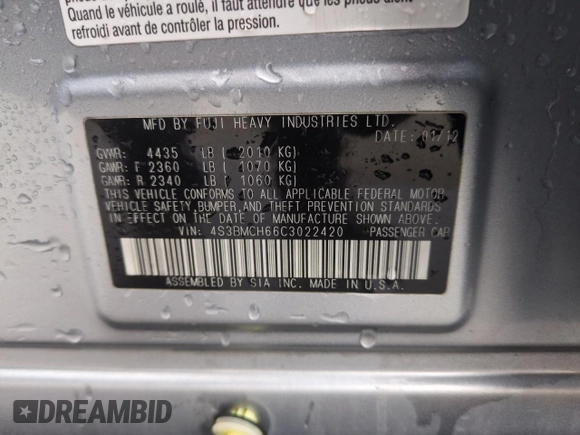 2012 Subaru Legacy 2.5i Premium with VIN 4S3BMCH66C3022420, listed as a Copart auction lot 51821145 with 134,871 mi miles and Salvage Title. Bid and sale history available at carsss.com. Image 12.