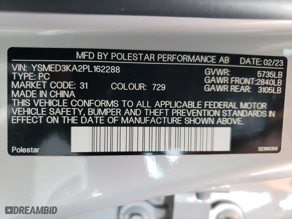2023 Polestar 2 with VIN YSMED3KA2PL162288, listed as a Copart auction lot 64913254 with 10,709 mi miles and Non Repairable. Bid and sale history available at carsss.com. Image 13.