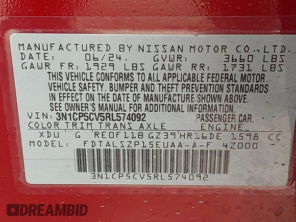 2024 Nissan Kicks SV with VIN 3N1CP5CV5RL574092, listed as a IAAI auction lot 41792156 with 9,956 mi miles. Bid and sale history available at carsss.com. Image 9.