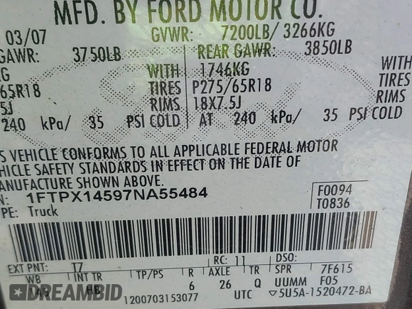 2007 Ford F-150 XLT with VIN 1FTPX14597NA55484, listed as a IAAI auction lot 42094668 with 217,589 mi miles and . Bid and sale history available at DreamBid. Image 9.