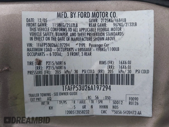2006 Ford Taurus SE z VIN 1FAFP53U26A197294, wystawiony jako IAAI lot #41506334 z przebiegiem 180 411 mil mil oraz . Historia ofert i sprzedaży dostępna na DreamBid. Obrazek 9.