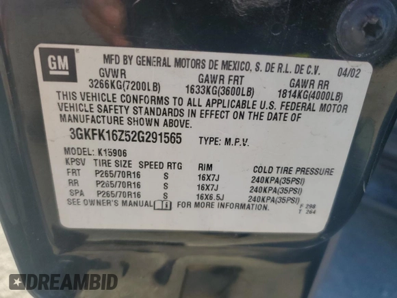 2002 GMC Yukon XL SLT with VIN 3GKFK16Z52G291565, listed as a Copart auction lot 89368425 with 0 mi miles and Salvage Title. Bid and sale history available at carsss.com. Image 15.