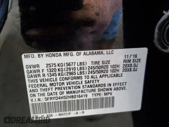 2017 Acura MDX Technology with VIN 5FRYD4H52HB016419, listed as a Copart auction lot 59323645 with 106,206 mi miles and Salvage title. Bid and sale history available at DreamBid. Image 13.