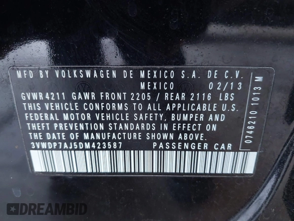 2013 Volkswagen Jetta SE with VIN 3VWDP7AJ5DM423587, listed as a IAAI auction lot 42609789 with 220,922 mi miles and . Bid and sale history available at DreamBid. Image 9.