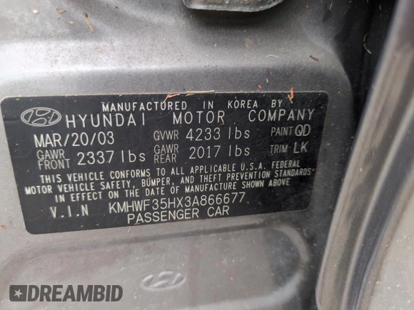2003 Hyundai Sonata GLS with VIN KMHWF35HX3A866677, listed as a Copart auction lot 74620514 with 0 mi miles and Salvage Title. Bid and sale history available at carsss.com. Image 13.