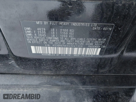 2016 Subaru Legacy 3.6R Limited with VIN 4S3BNEN6XG3041359, listed as a IAAI auction lot 41773110 with 200,957 mi miles. Bid and sale history available at carsss.com. Image 9.