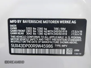 2024 BMW X3 sDrive30i with VIN 5UX43DP00R9W45986, listed as a IAAI auction lot 41725475 with 5,054 mi miles and . Bid and sale history available at DreamBid. Image 9.