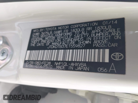 2014 Toyota Prius One with VIN JTDKDTB37E1559827, listed as a IAAI auction lot 42100986 with 44,155 mi miles and . Bid and sale history available at DreamBid. Image 9.