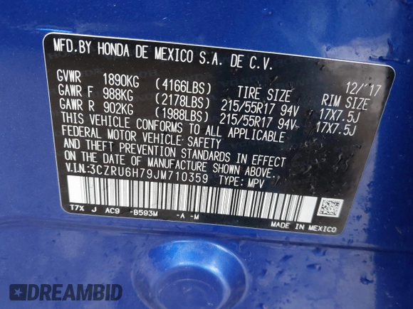 2018 Honda HR-V EX-L Navi with VIN 3CZRU6H79JM710359, listed as a IAAI auction lot 41656637 with 152,063 mi miles. Bid and sale history available at carsss.com. Image 9.