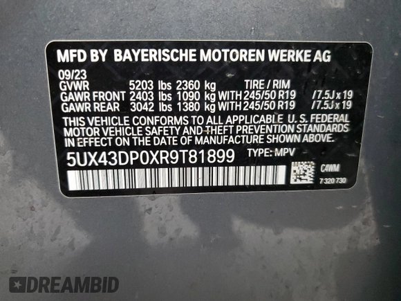 2024 BMW X3 sDrive30i with VIN 5UX43DP0XR9T81899, listed as a Copart auction lot 51608465 with 32,897 mi miles and Non Repairable. Bid and sale history available at DreamBid. Image 13.