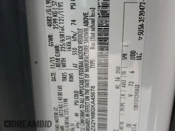 2016 Ford Transit XL with VIN 1FBZX2YM8GKA45678, listed as a Copart auction lot 88640645 with 310,847 mi miles and Non repairable. Bid and sale history available at DreamBid. Image 13.