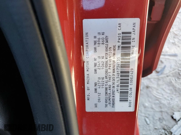 2013 Mazda 3 Mazdaspeed3 Touring with VIN JM1BL1L34D1734135, listed as a Copart auction lot 45232405 with 102,490 mi miles and Salvage Title. Bid and sale history available at DreamBid. Image 12.