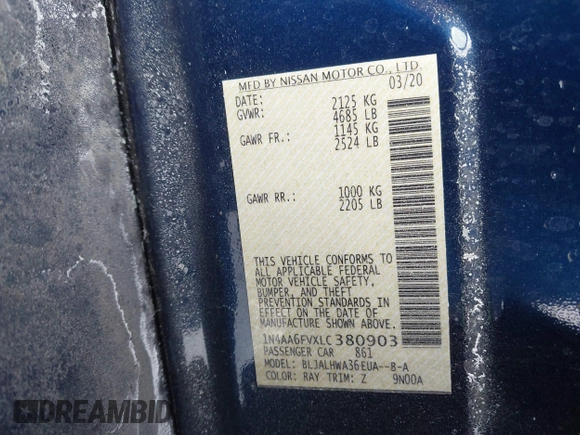 2020 Nissan Maxima Platinum with VIN 1N4AA6FVXLC380903, listed as a IAAI auction lot 41588780 with 44,238 mi miles and . Bid and sale history available at DreamBid. Image 9.