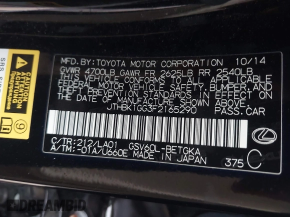 2015 Lexus ES 350 with VIN JTHBK1GG3F2165290, listed as a IAAI auction lot 41142256 with 126,866 mi miles. Bid and sale history available at carsss.com. Image 9.
