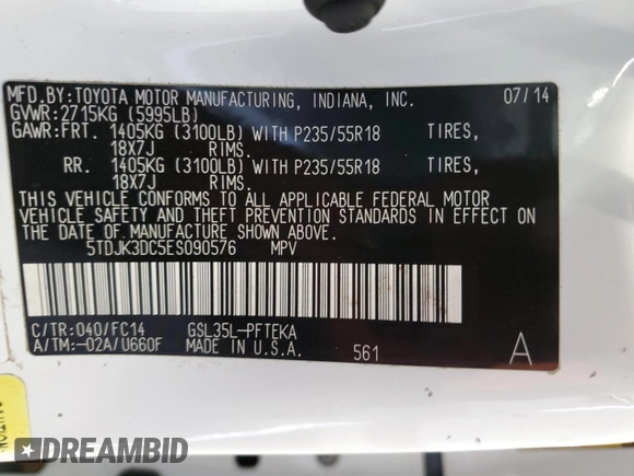 2014 Toyota Sienna LE with VIN 5TDJK3DC5ES090576, listed as a Copart auction lot 46333725 with 201,860 mi miles and Clean Title. Bid and sale history available at DreamBid. Image 13.