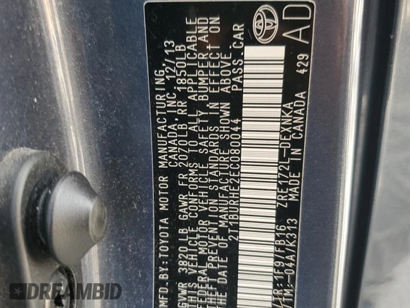 2014 Toyota Corolla L with VIN 2T1BURHE2EC080044, listed as a Copart auction lot 60225945 with 107,199 mi miles and Salvage title. Bid and sale history available at DreamBid. Image 13.
