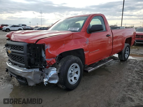 2014 Chevrolet Silverado 1500 Work Truck with VIN 1GCNKPEHXEZ197866, listed as a Copart auction lot 46697055 with 57,377 mi miles and Salvage Title. Bid and sale history available at DreamBid. Image 1.