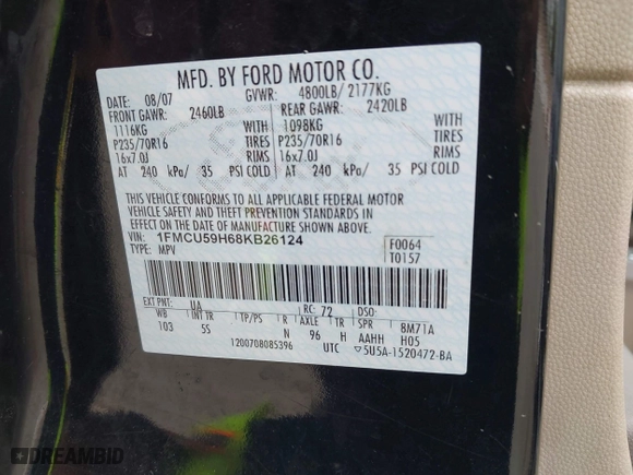 2008 Ford Escape Hybrid with VIN 1FMCU59H68TB26124, listed as a IAAI auction lot 42062917 with 197,929 mi miles. Bid and sale history available at carsss.com. Image 9.