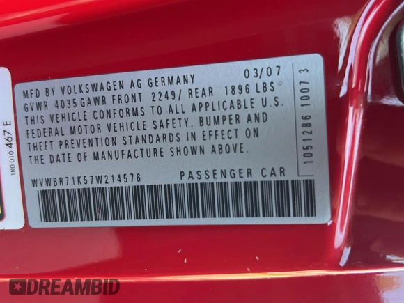 2007 Volkswagen Rabbit z VIN WVWBR71K57W214576, wystawiony jako Copart lot #55692465 z przebiegiem 57 793 mil mil oraz Czysty tytuł • Clean title. Historia ofert i sprzedaży dostępna na DreamBid. Obrazek 10.
