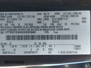 2019 Ford F-150 XL with VIN 1FTEW1E4XKKE93960, listed as a IAAI auction lot 42063323 with 177,650 mi miles and . Bid and sale history available at DreamBid. Image 9.