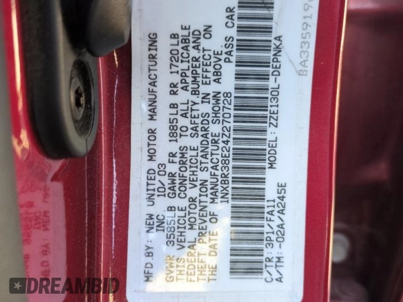 2004 Toyota Corolla CE with VIN 1NXBR38E24Z270728, listed as a Copart auction lot 79022664 with 58,280 mi miles and Salvage Title. Bid and sale history available at DreamBid. Image 13.