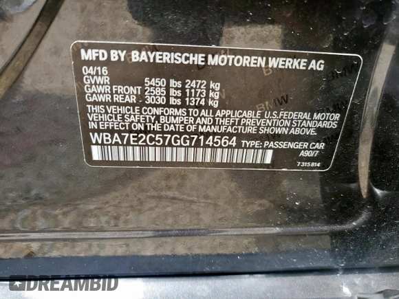2016 BMW 7 Series 740i with VIN WBA7E2C57GG714564, listed as a Copart auction lot 64005965 with 111,598 mi miles and Salvage title. Bid and sale history available at DreamBid. Image 12.