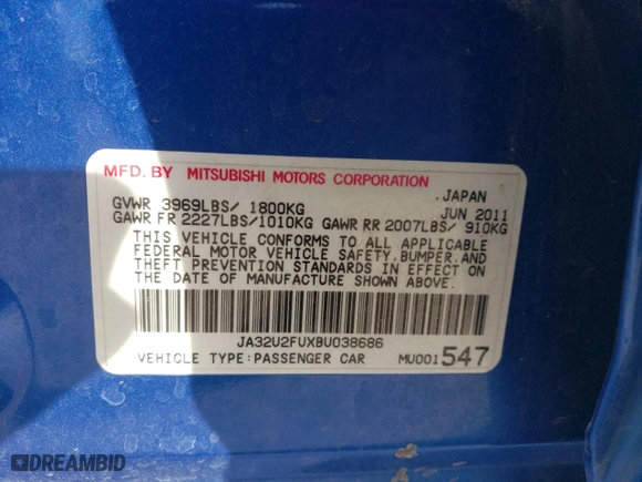 2011 Mitsubishi Lancer ES with VIN JA32U2FUXBU038686, listed as a Copart auction lot 42802015 with 121,646 mi miles and Salvage Title. Bid and sale history available at carsss.com. Image 12.